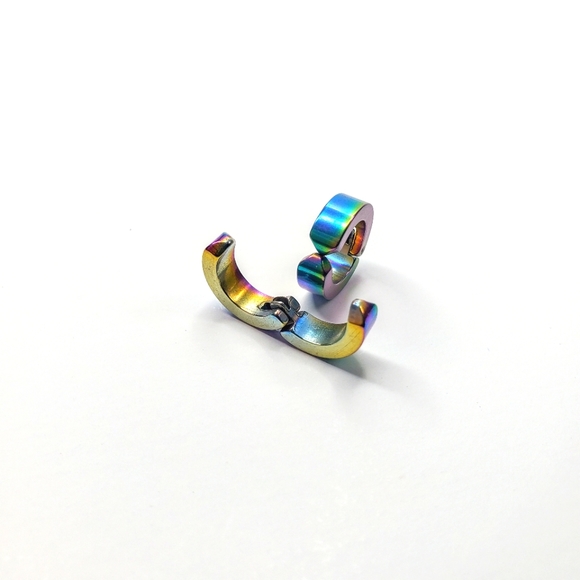 Rainbow Titanium Iridescent Stainless Steel Magnetic Hinged Hoop Clip Earrings - Picture 8 of 16
